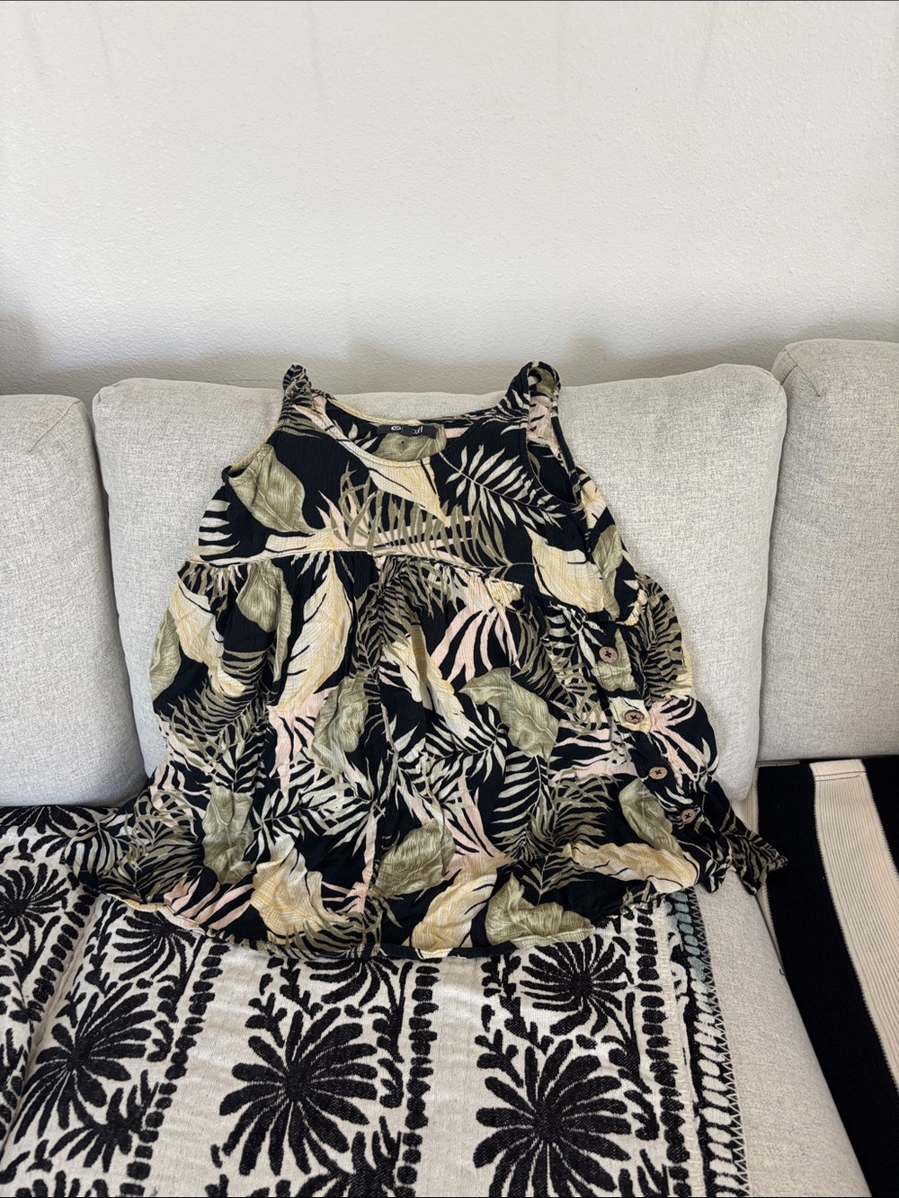 Rip Curl Black Tropical Leaf Print Tank Dress/coverup with Olive & Blush Accents